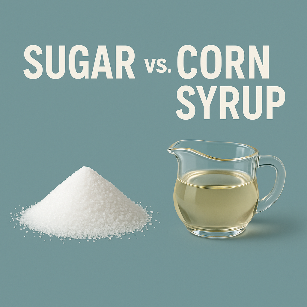 Comparison of cane sugar and corn syrup side by side, highlighting their similar health risks.