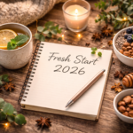 Cozy winter scene with warm tea and journal, symbolizing intention-setting and a fresh start to the new year.