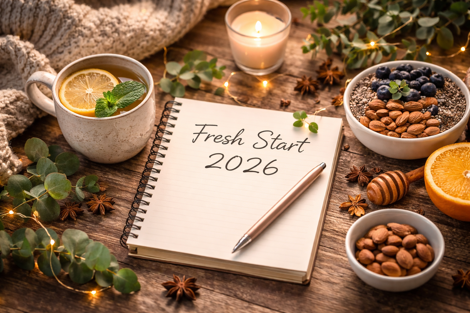 Cozy winter scene with warm tea and journal, symbolizing intention-setting and a fresh start to the new year.