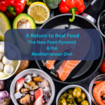 Colorful Mediterranean meal with olive oil, vegetables, legumes, fish, and whole foods arranged on a shared table.