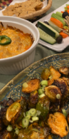Game day buffalo recipes: buffalo sauce, buffalo Brussels sprouts, and chicken buffalo dip.