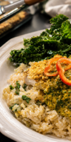 Cashew crusted cod over cauliflower rice with lemongrass salsa