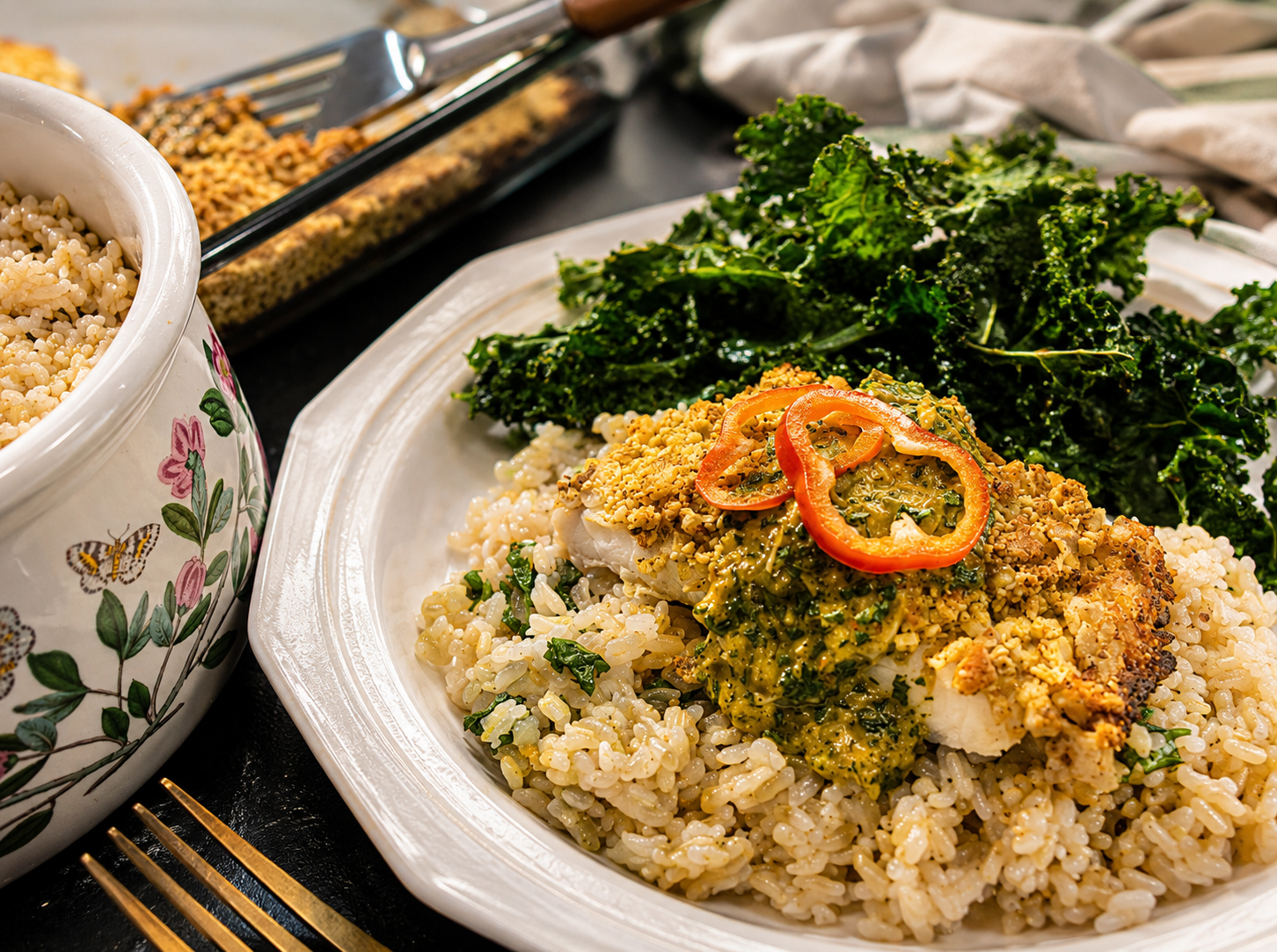 Cashew crusted cod over cauliflower rice with lemongrass salsa