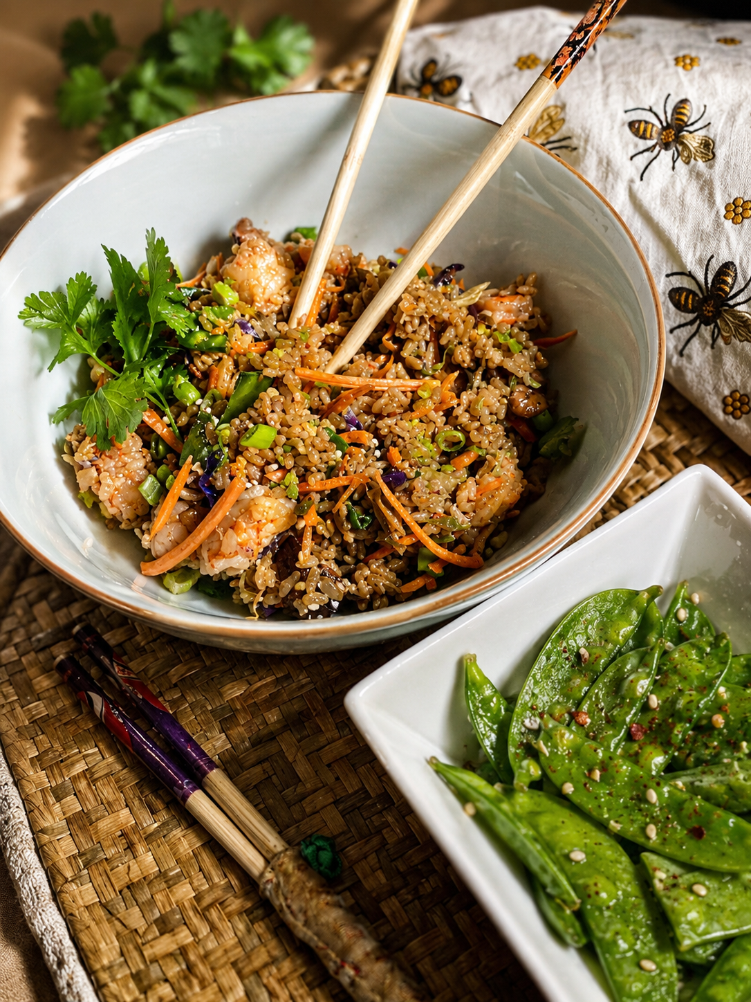 image of shrimp fried rice and snowpeas