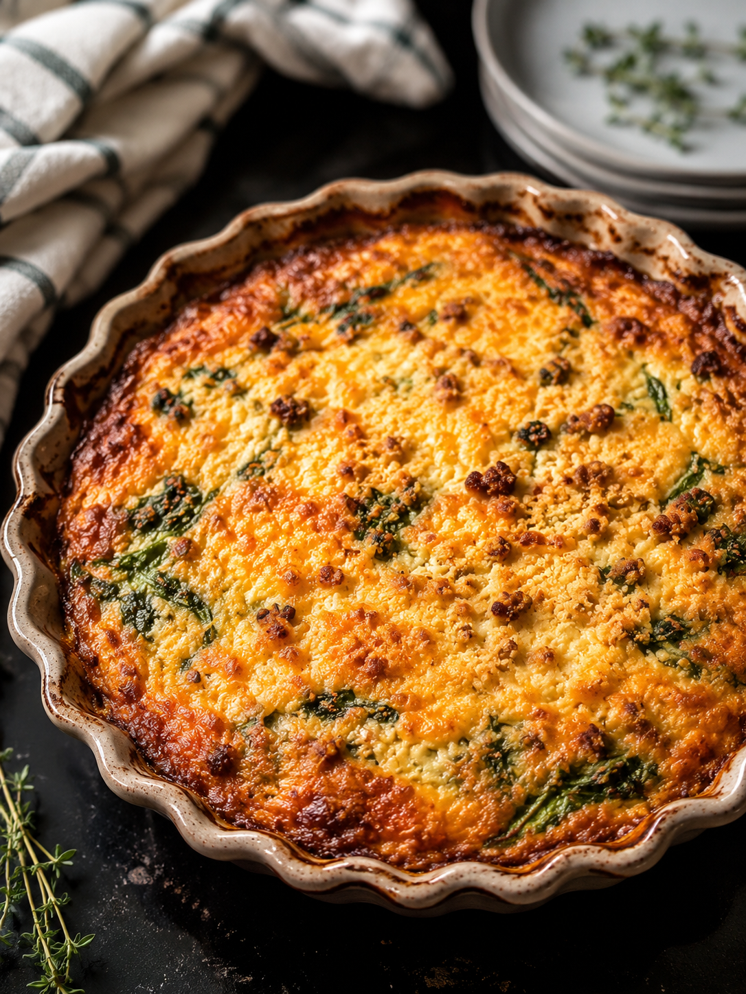 Crustless high-protein quiche with chorizo, spinach, leeks, and goat cheese