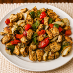 Grilled Mediterranean chicken kebobs with peppers and onions served with tzatziki sauce