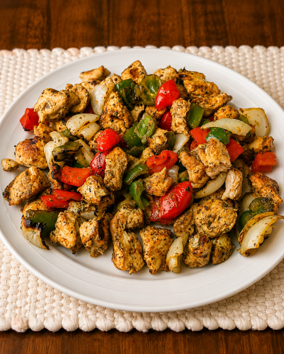 Grilled Mediterranean chicken kebobs with peppers and onions served with tzatziki sauce