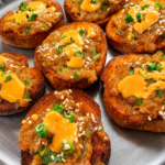 Crispy shrimp toasts topped with homemade Yum Yum sauce, sesame seeds, and green onions