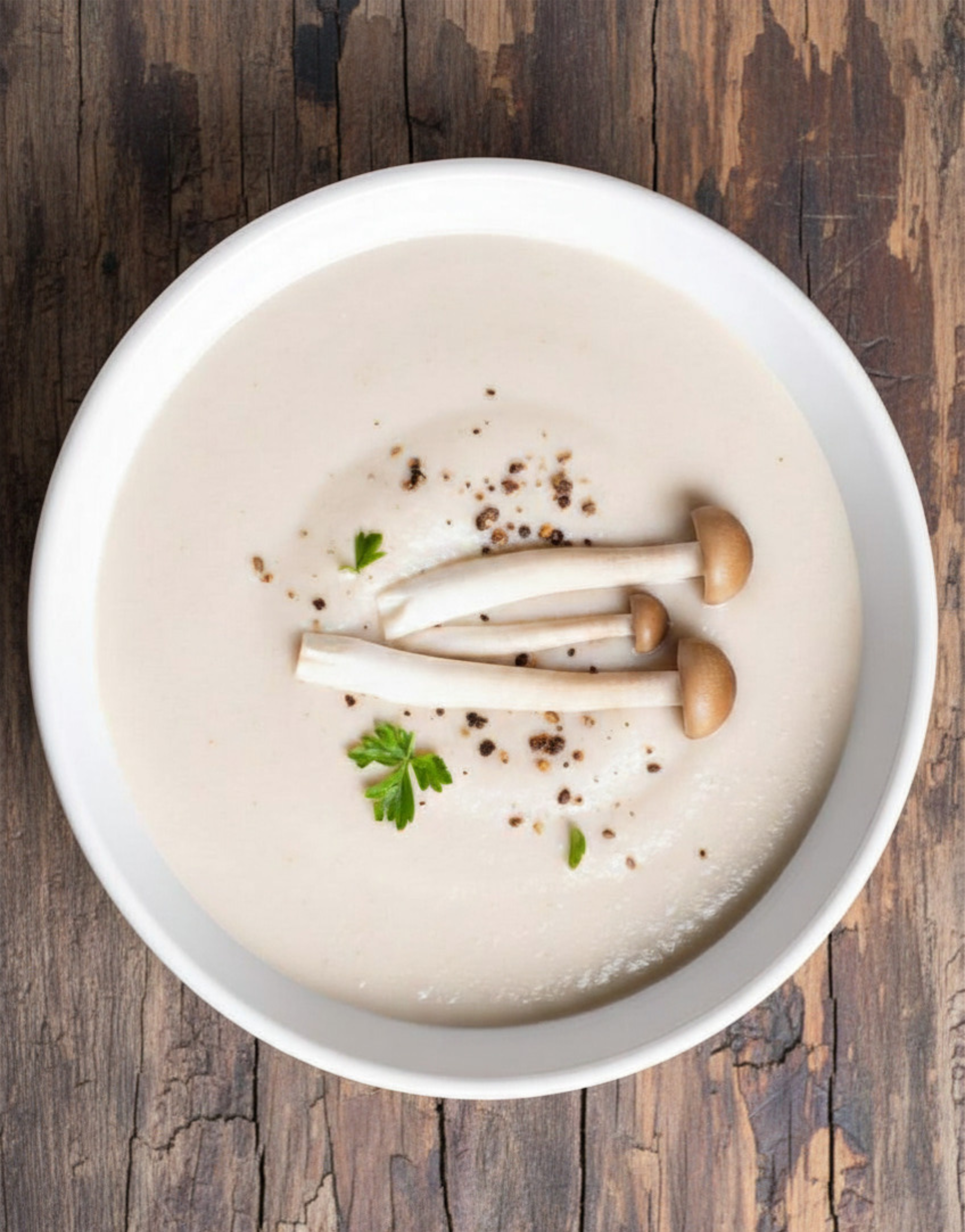 Creamy truffled cauliflower soup topped with roasted shallots and shiitake mushrooms